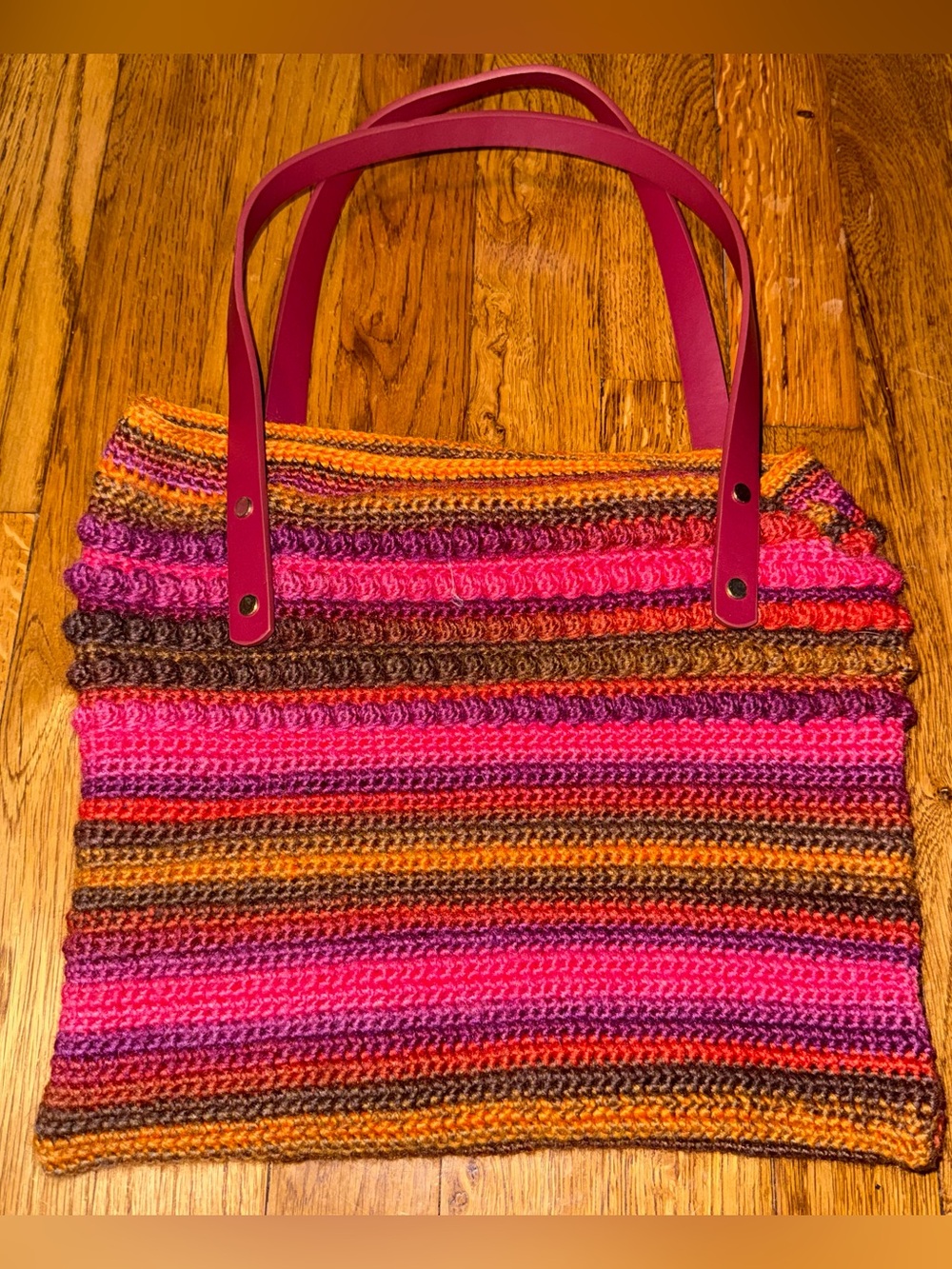 Striped Crochet Tote Bag with Pink Handles Made with Wool and Silk yarn